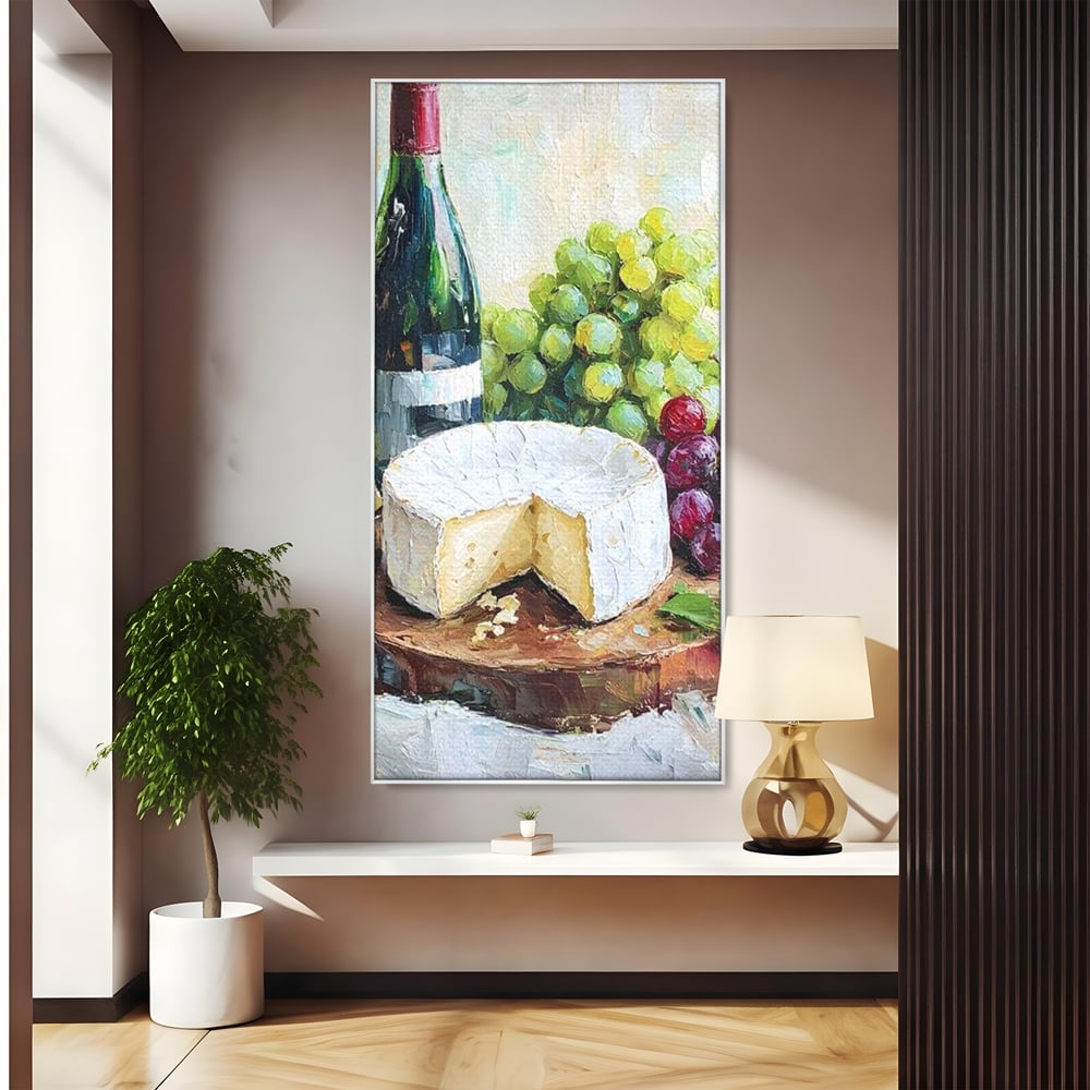 Tablou canvas cu pictura cu sticla de vin si branza, in rama de aluminiu argintiu